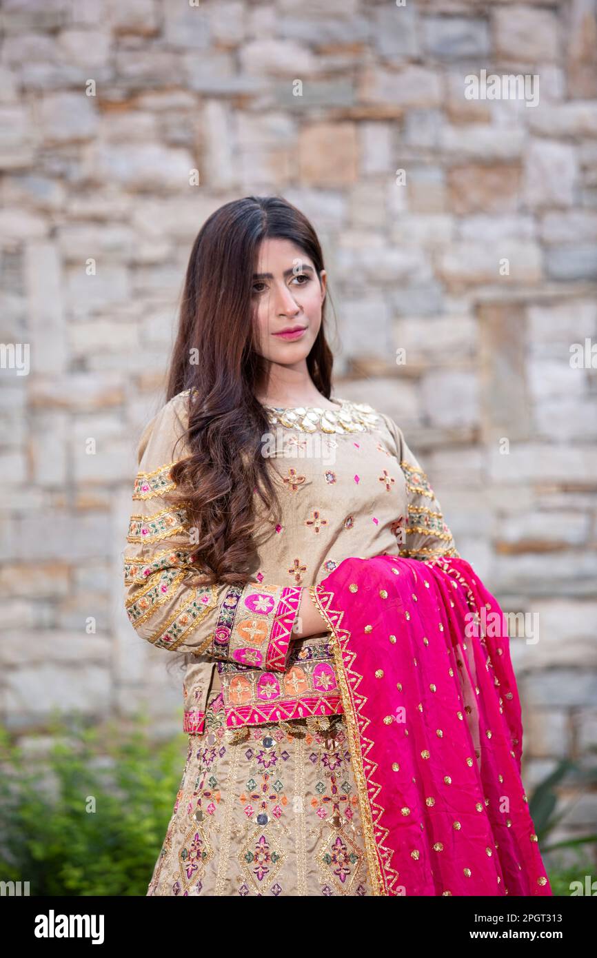 Pakistan Dress Code Islamabad, Pakistan, 15th March, 2023. Female model posing outdoors ...