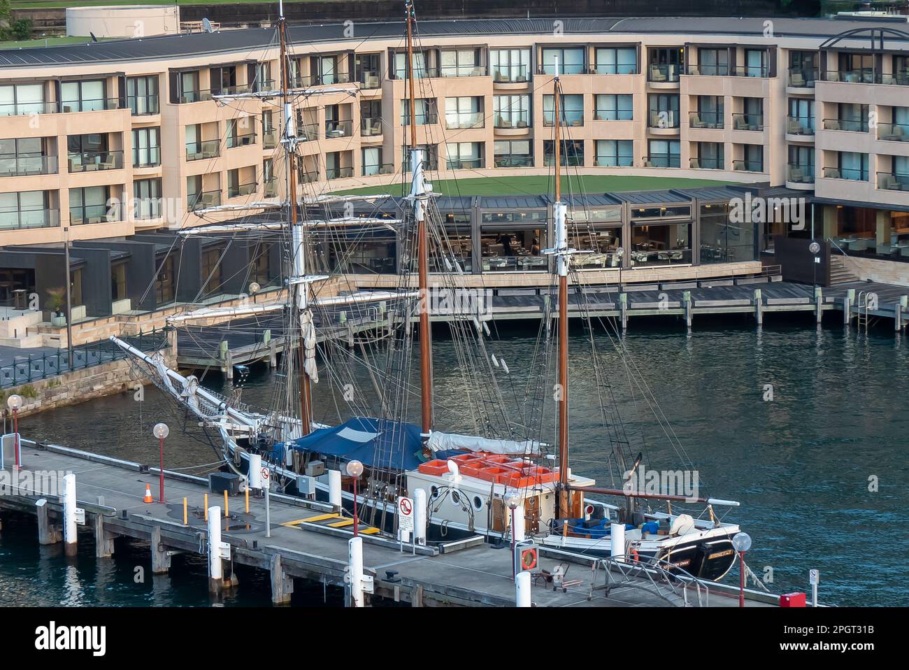 Sydney in Australia: the barquentine 'Southern Swan' at her berth in front of the Park Hyatt Hotel near the Circular Quay Stock Photo