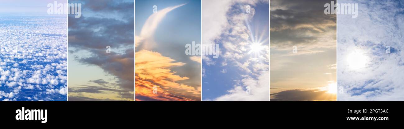 Collage of the different shades of the blue sky and the fluffy cloud ...