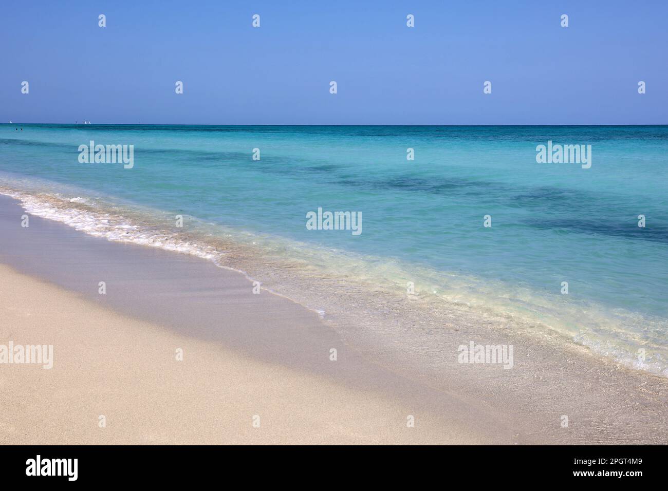 Tropical beach with white sand on a ocean, view to blue waves and sky. Caribbean coast, background for holidays on a paradise nature Stock Photo