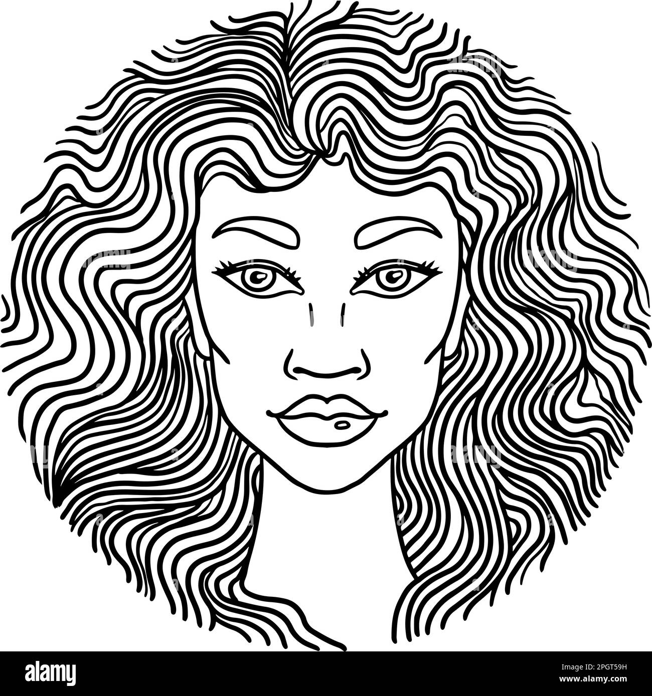 Hand Drawn Doodle Girl in Round Frame. Stock Vector