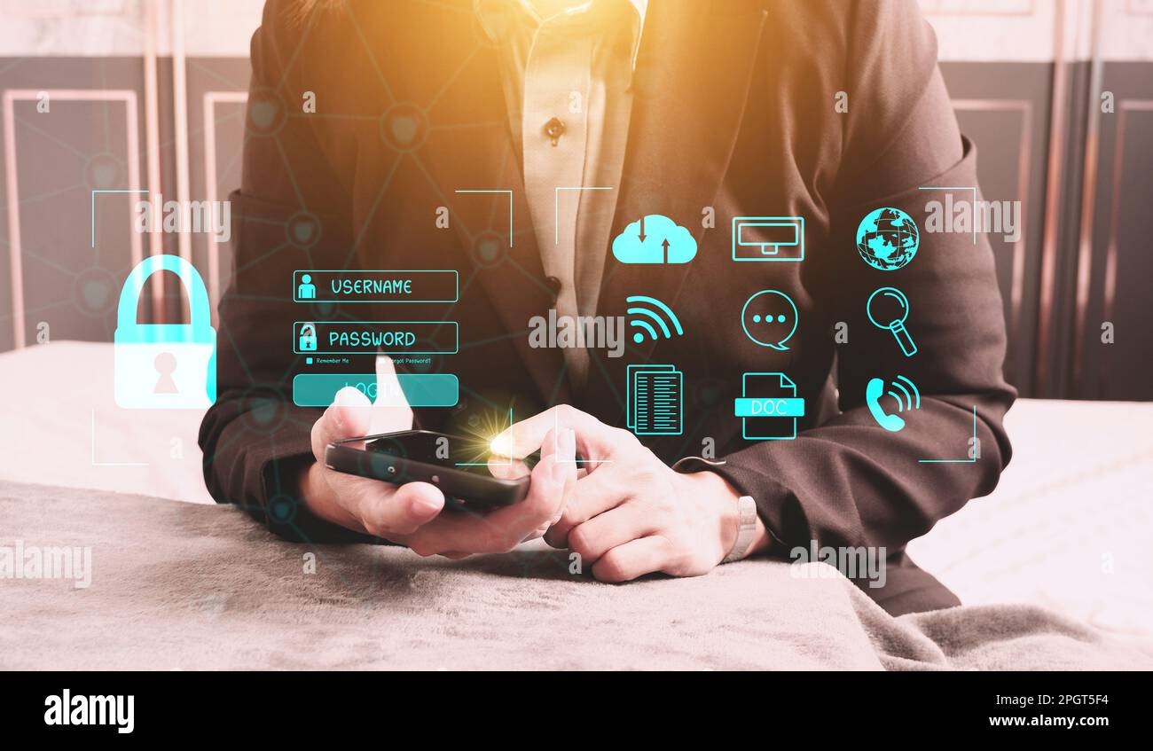 Concept : Cybersecurity Global network security technology,  protect personal information. Encryption with a key icon on the virtual interface. Stock Photo