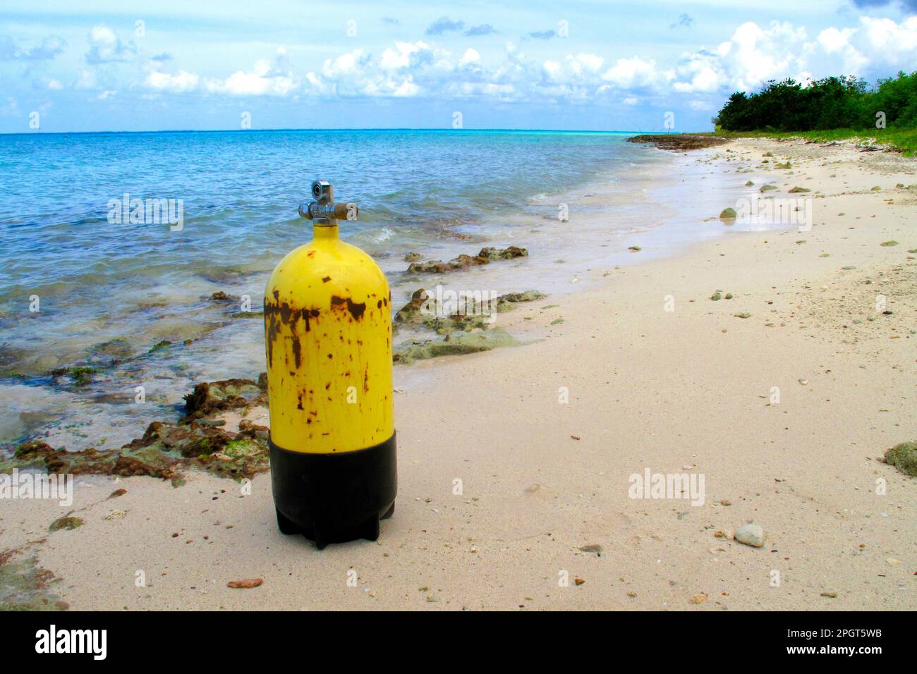 Beach Seascape, Scuba Diver Tank, Playa Girón, Caribbean Sea, Cuba, America Stock Photo