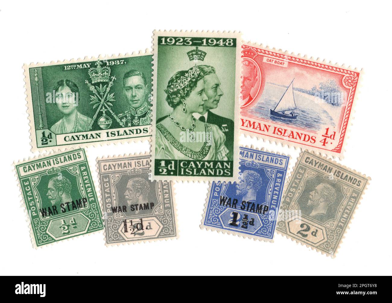 Vintage mint postage stamps from the Cayman Islands isolated on a white