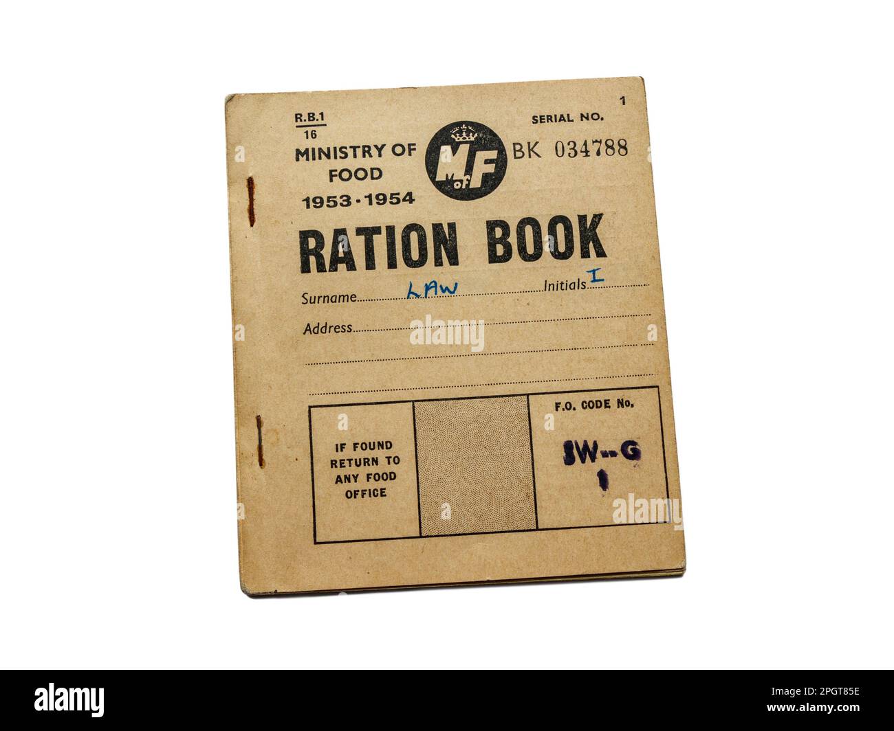 A UK Ministry of Food ration book from 1953, isolated against a white background Stock Photo
