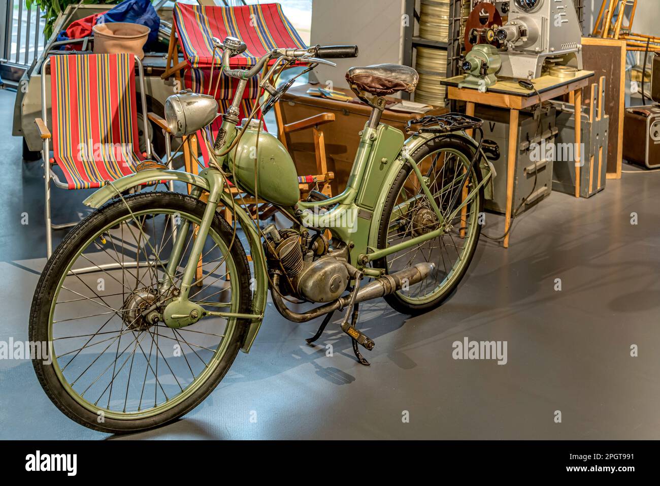 DDR moped Suhl SR 1, exhibited in the DDR Museum Dresden, Saxony, Germany Stock Photo
