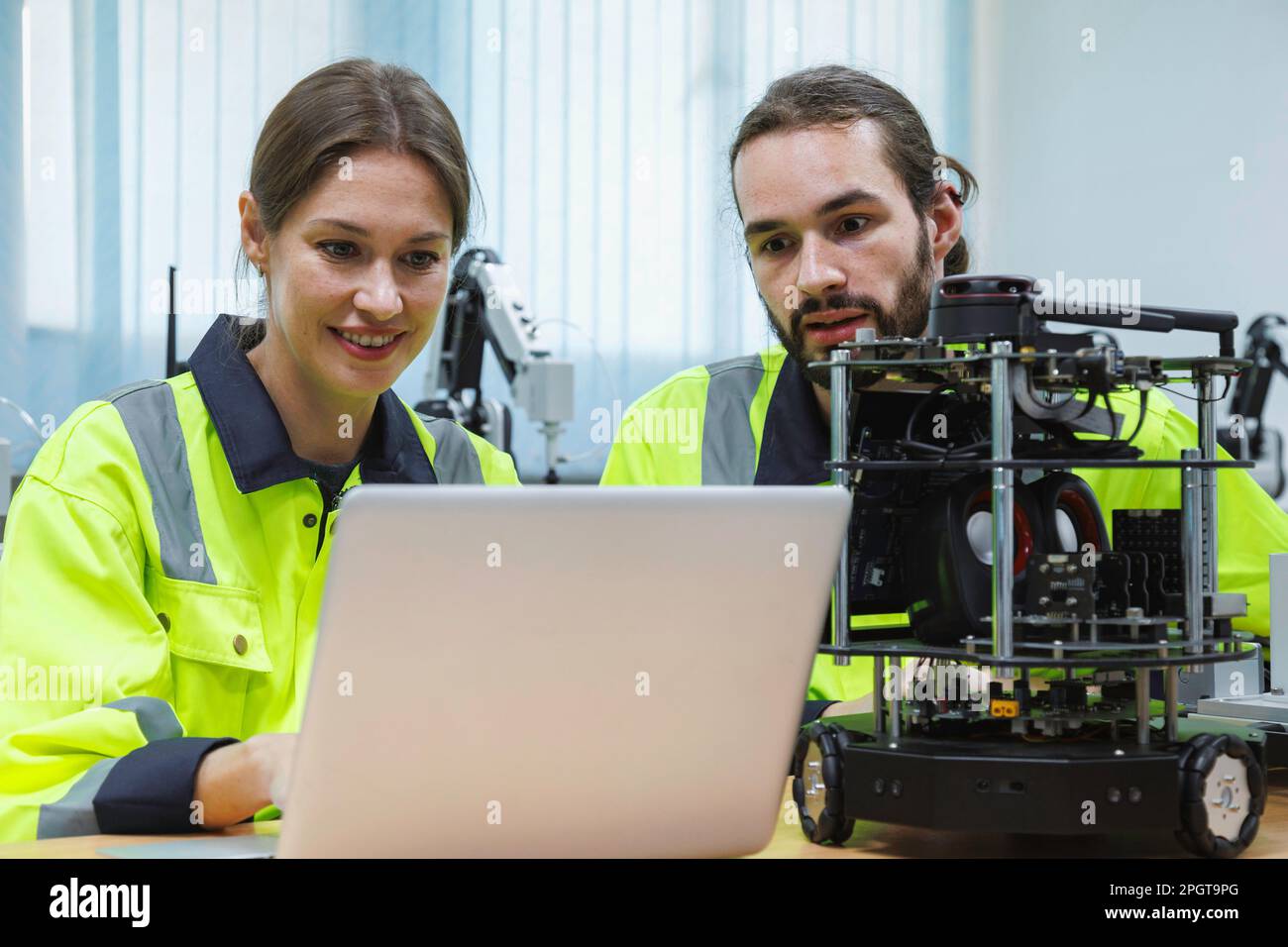 automation machine engineer students study and inspection control robot training kit machine in robotics academy at university or factory workshop. AI Stock Photo