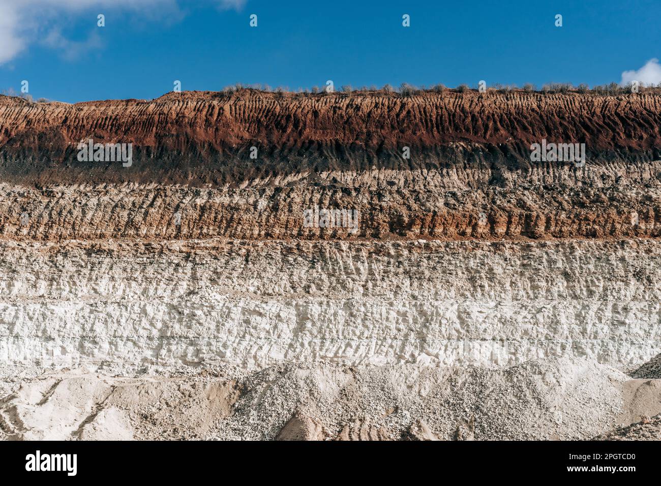 Soil layers in section. Limestone rock formation. Open pit mining