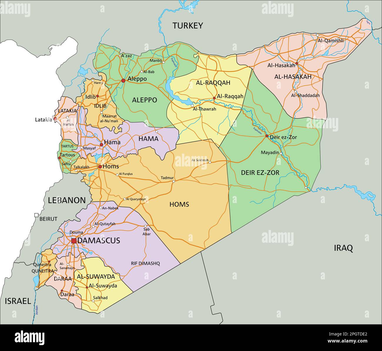 Syria - Highly detailed, editable political map with labeling Stock 