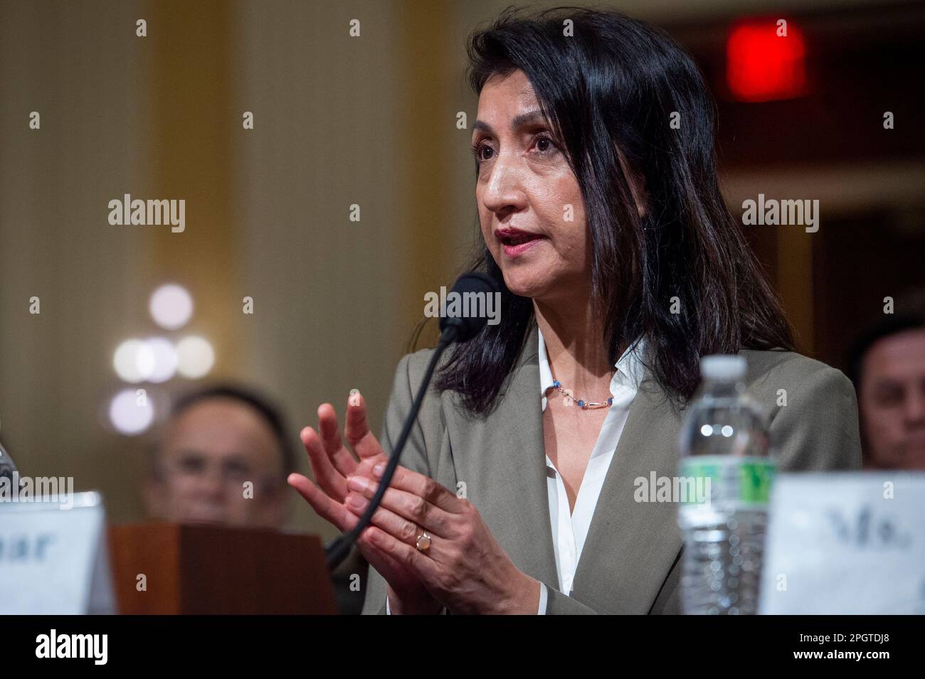 Washington, United States Of America. 23rd Mar, 2023. Gulbahar Haitiwaji, concentration camp survivor and author, “How I Survived a Chinese “Reeducation” Camp: A Uyghur Woman's Story” responds to questions during a House Select Committee on the Strategic Competition Between the United States and the Chinese Communist Party hearing 'The Chinese Communist Party's Ongoing Uyghur Genocide' in the Cannon House Office Building in Washington, DC, Thursday, March 23, 2023. Credit: Rod Lamkey/CNP/Sipa USA Credit: Sipa USA/Alamy Live News Stock Photo