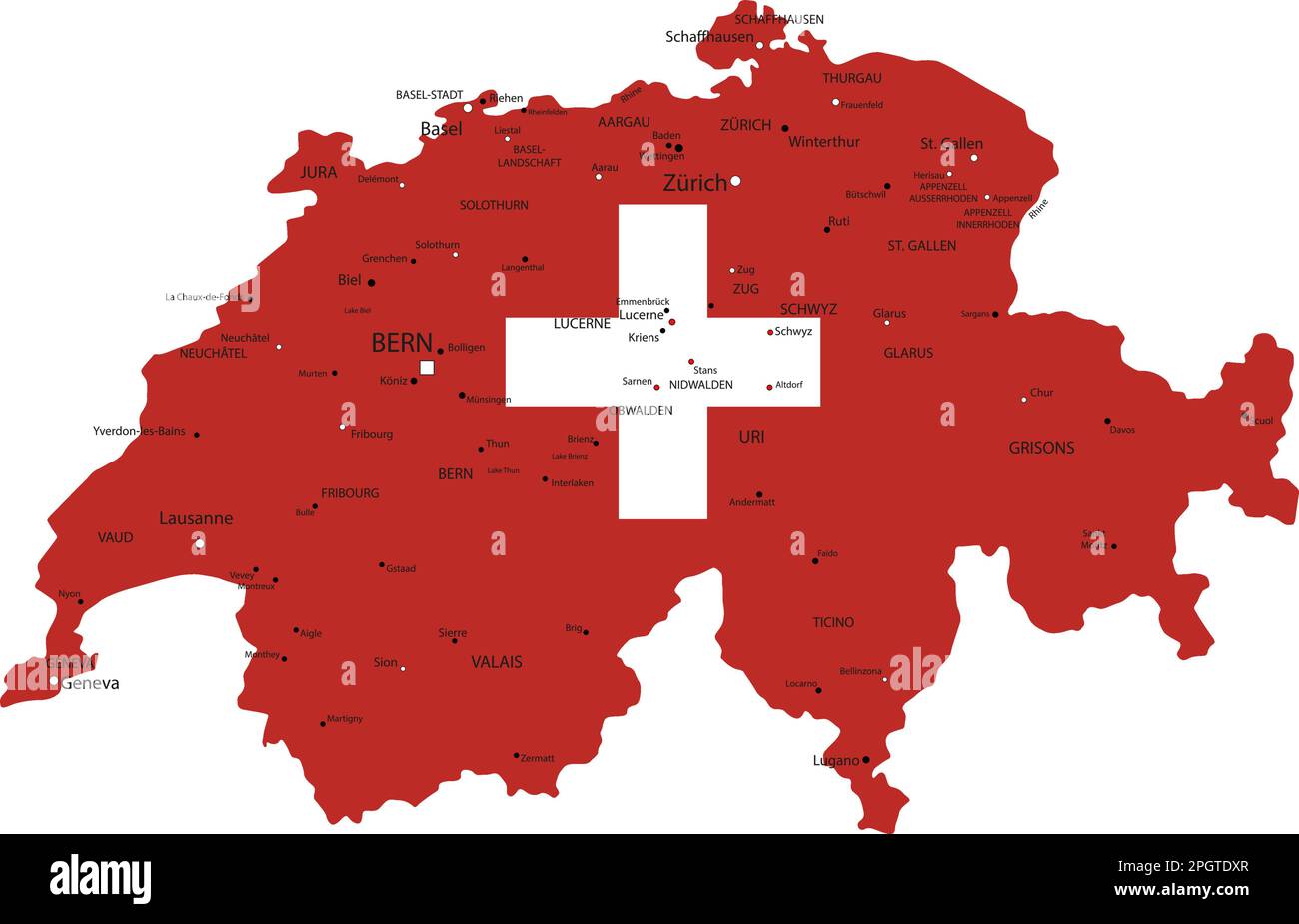 Switzerland highly detailed political map with national flag. Stock Vector