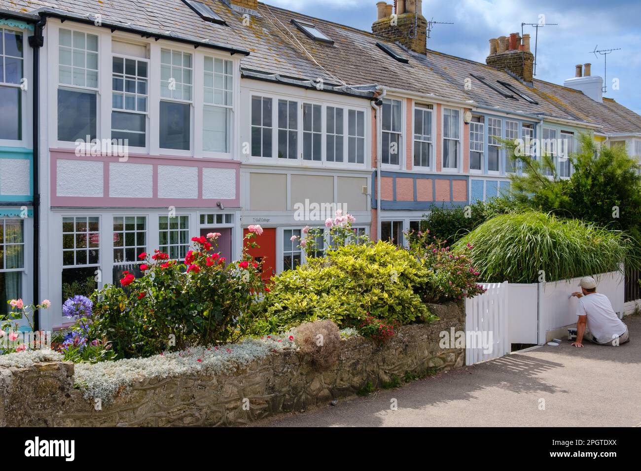 Row of terraced houses with pastel coloured trim. Flowers behind stone