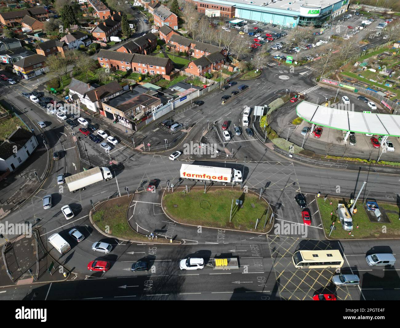 Aerial view of Hereford UK and the busy junction of the A49 trunk road