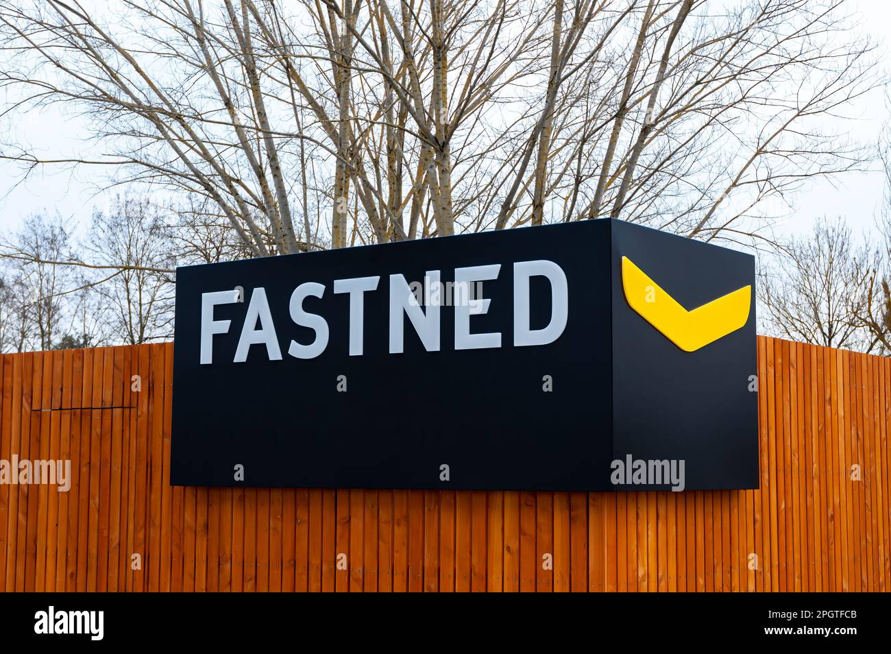 Romagnieu, France - March 2, 2023: Fastned is a Dutch company that builds and operates a network of publicly accessible charging stations for electric Stock Photo