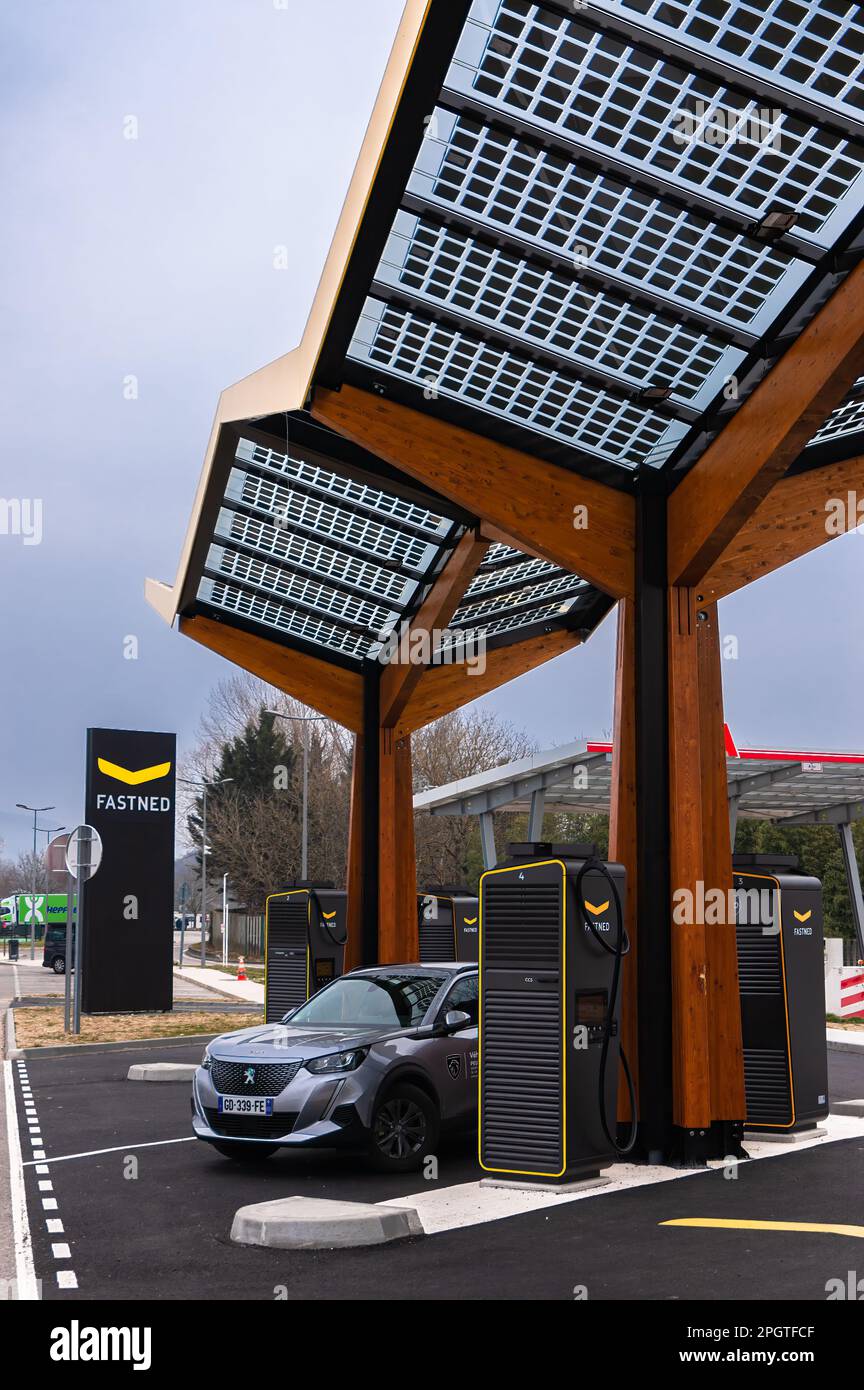 Romagnieu, France - March 2, 2023: Electro charging station of Fastned company at Aire de Romagnieu. Stock Photo
