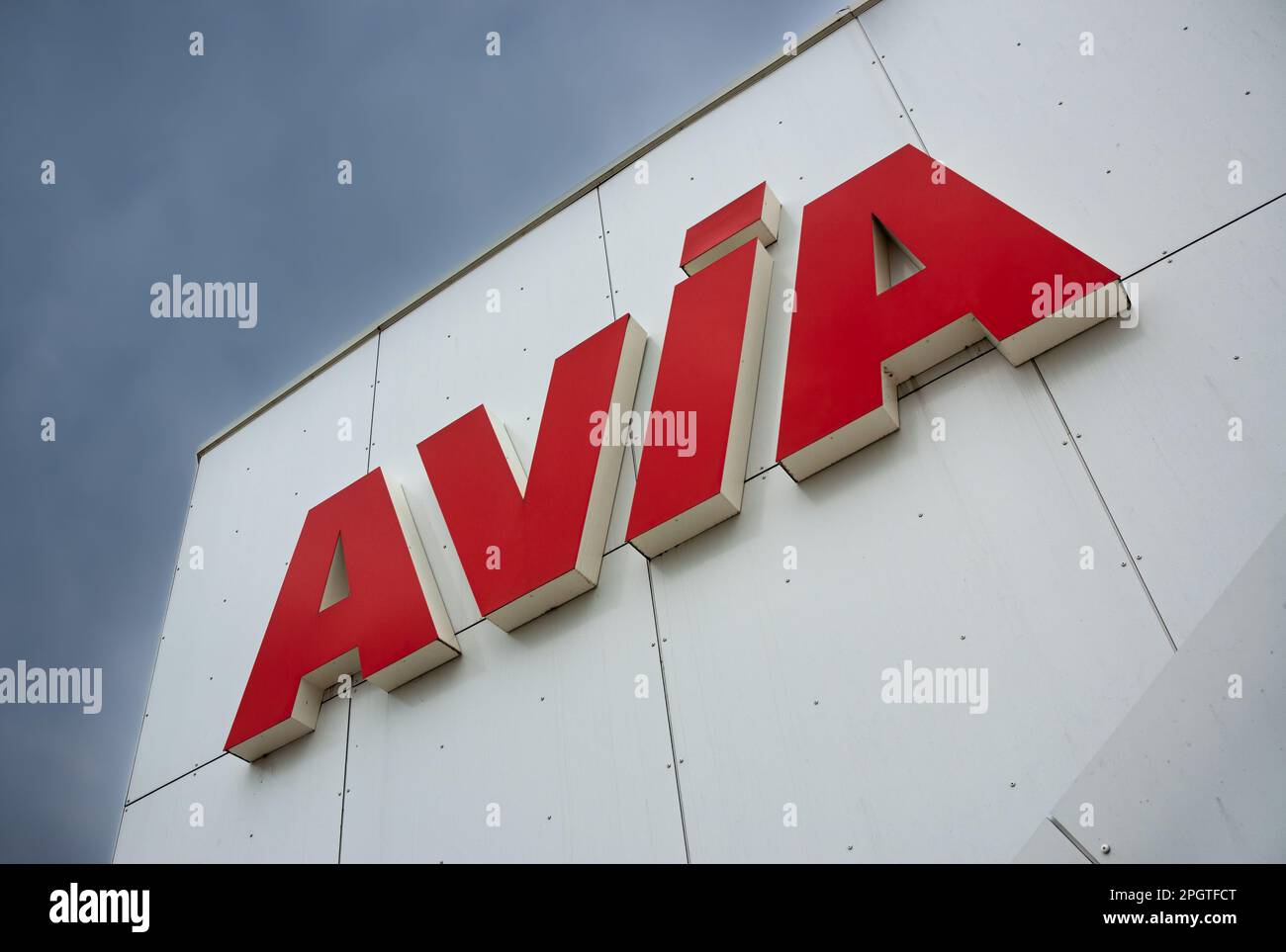 Romagnieu, France - March 2, 2023: Avia gas station trademark company logo at the service station Aire de Romagnieu Stock Photo