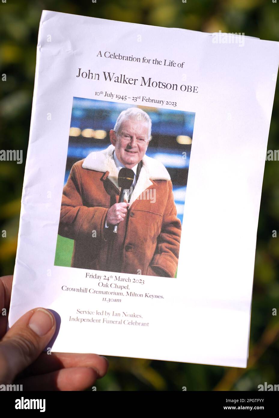 The order of service for the funeral of sport commentator John Motson