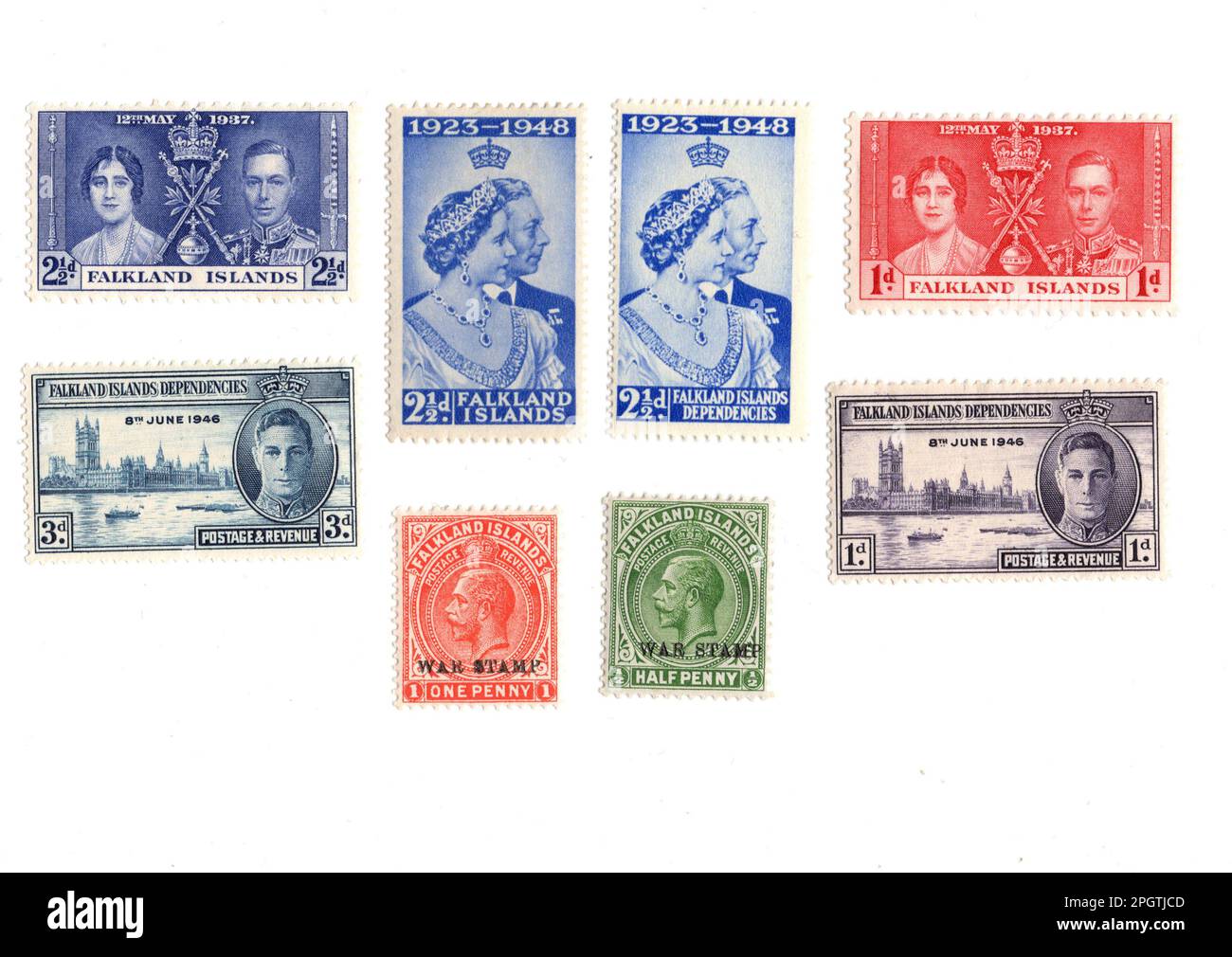 Vintage mint postage stamps from the Falkland Islands isolated on a