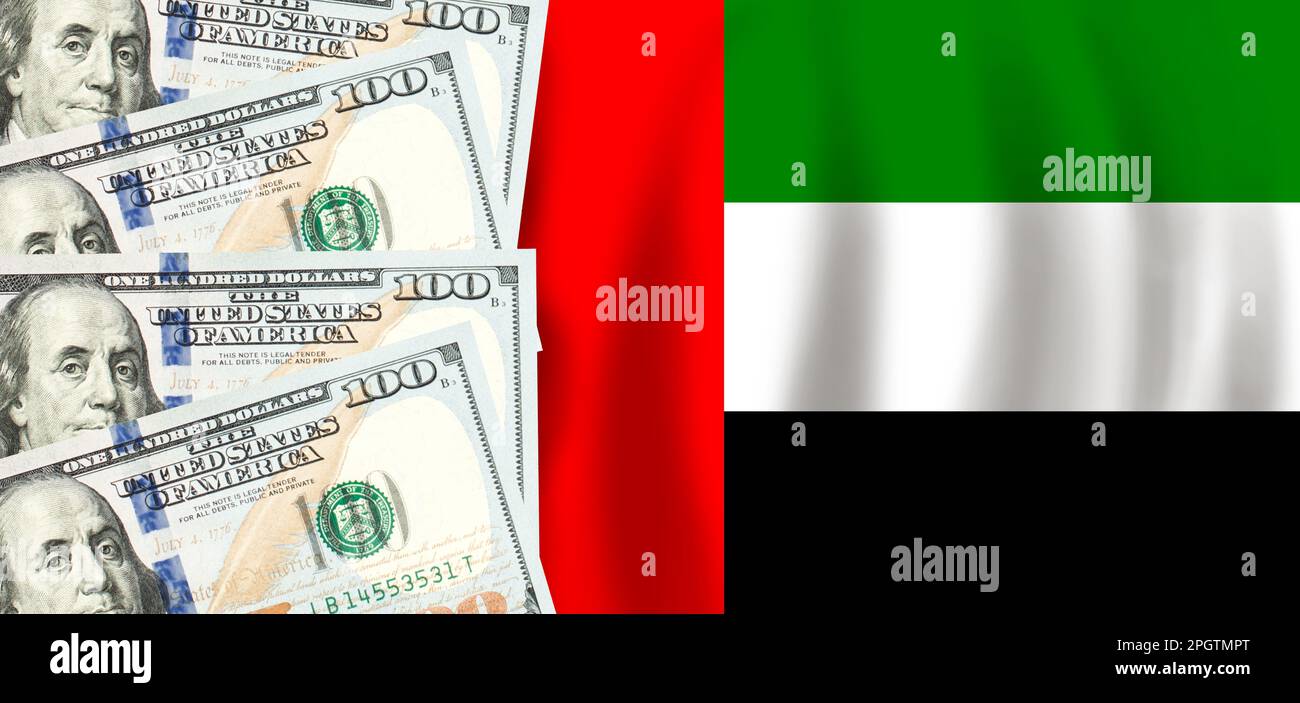 Dollars on flag of United Arab Emirates, UAE finance, subsidies, social support, GDP concept Stock Photo