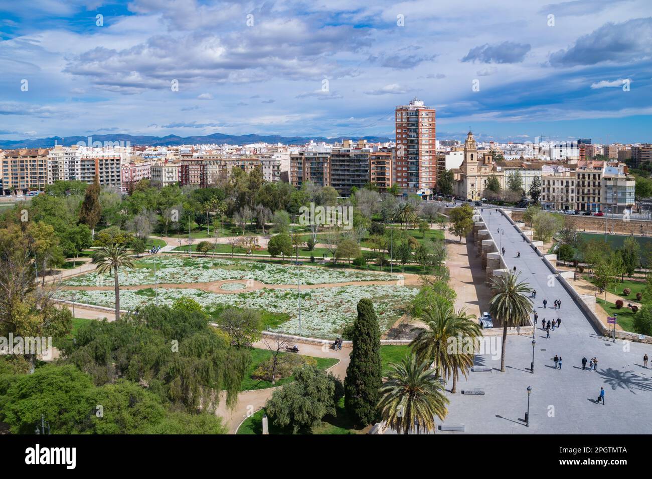 View of the Jardin del Turia from the top of the Serranos towers. Valencia - Spain Stock Photo