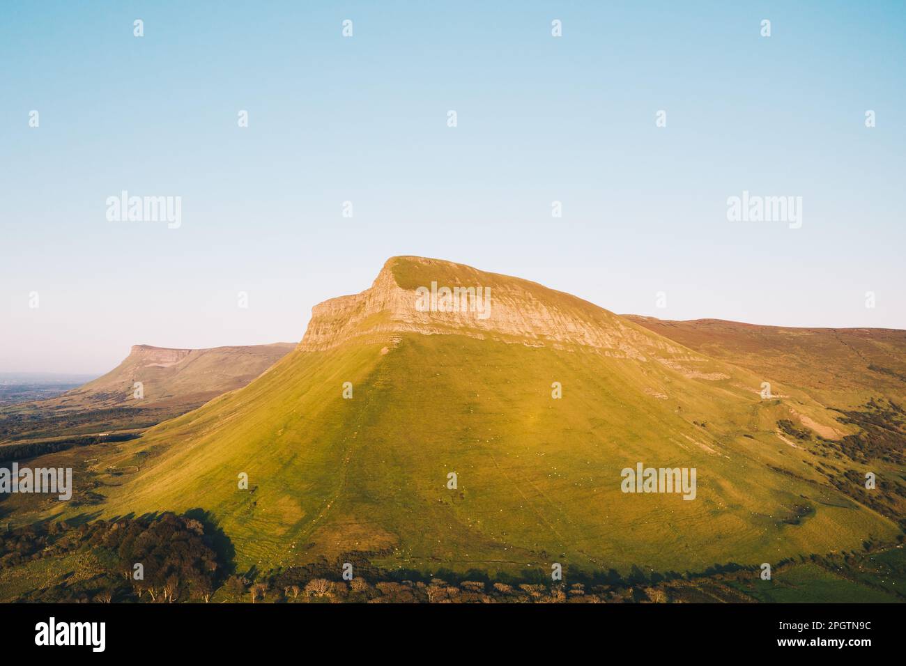 County Sligo / Ireland : Aerial view of Benbulbin or Benbulben a large flat-topped rock formation, part of Dartry Mountains Stock Photo