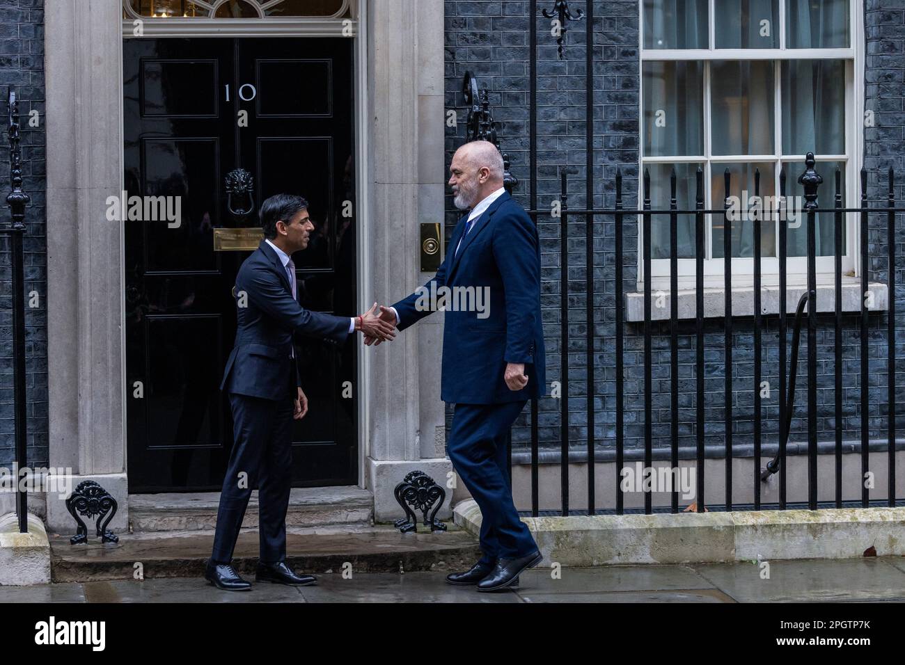 London, UK. 23rd March, 2023. Rishi Sunak, Prime Minister of the United Kingdom, greets Edi Rama, Prime Minister of Albania, before a meeting at 10 Downing Street. Edi Rama, who has been Prime Minister of Albania for almost a decade, is the first Albanian leader to visit 10 Downing Street. Topics to be discussed at the meeting are expected to include migration, organised crime and bilateral relations between the UK and Albania. Credit: Mark Kerrison/Alamy Live News Stock Photo