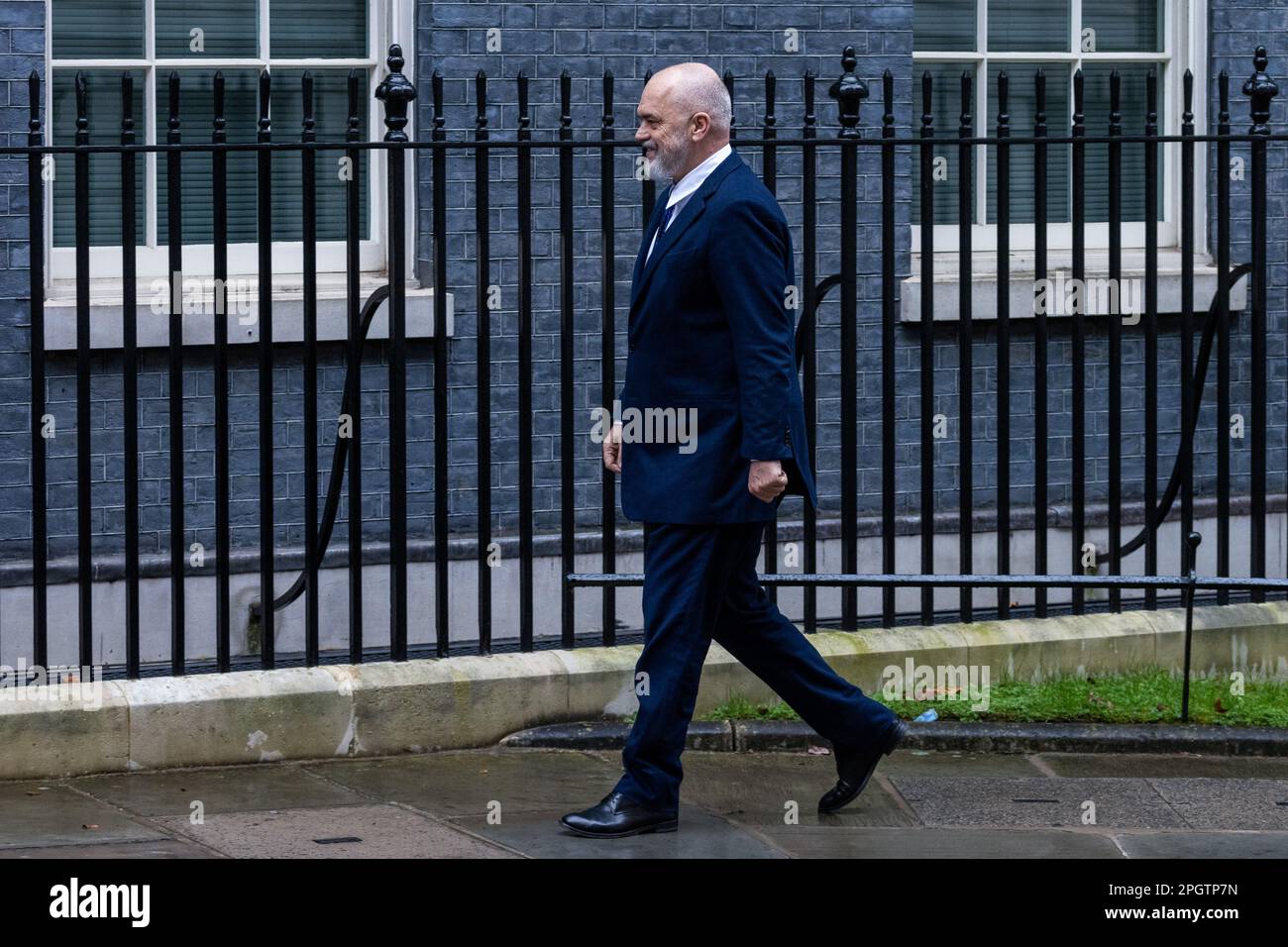 London, UK. 23rd March, 2023. Edi Rama, Prime Minister of Albania, arrives to meet Rishi Sunak, Prime Minister of the United Kingdom, at 10 Downing Street. Edi Rama, who has been Prime Minister of Albania for almost a decade, is the first Albanian leader to visit 10 Downing Street. Topics to be discussed at the meeting are expected to include migration, organised crime and bilateral relations between the UK and Albania. Credit: Mark Kerrison/Alamy Live News Stock Photo