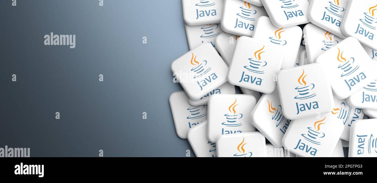 Logos of the programming language Java on a heap on a table. Web banner format, copy space Stock Photo