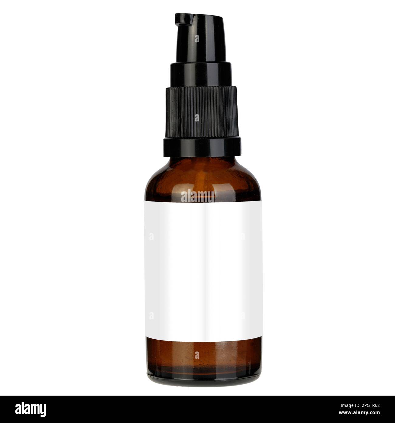 Amber bottle for essential oils and cosmetic products - spray bottle, mockup isolated on white background. Stock Photo