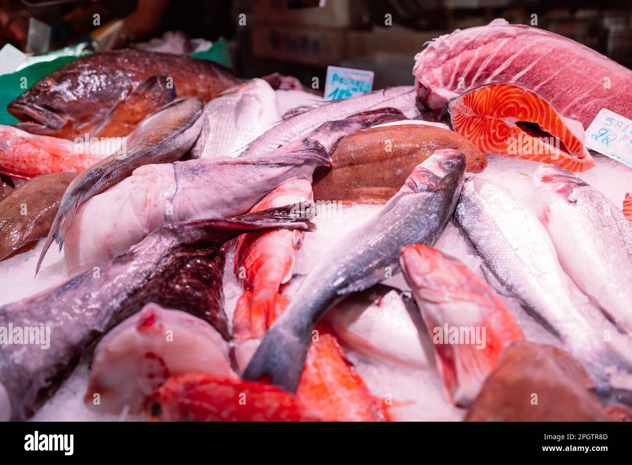 Fresh fishes in a market. Shopping in an Spain Seafood Store Stock