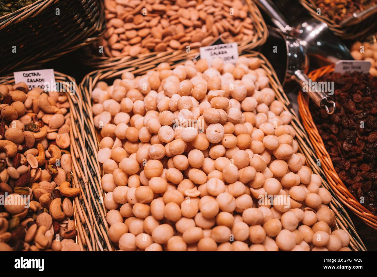 Macadamia nuts on the market. Spain one of the oldest market La
