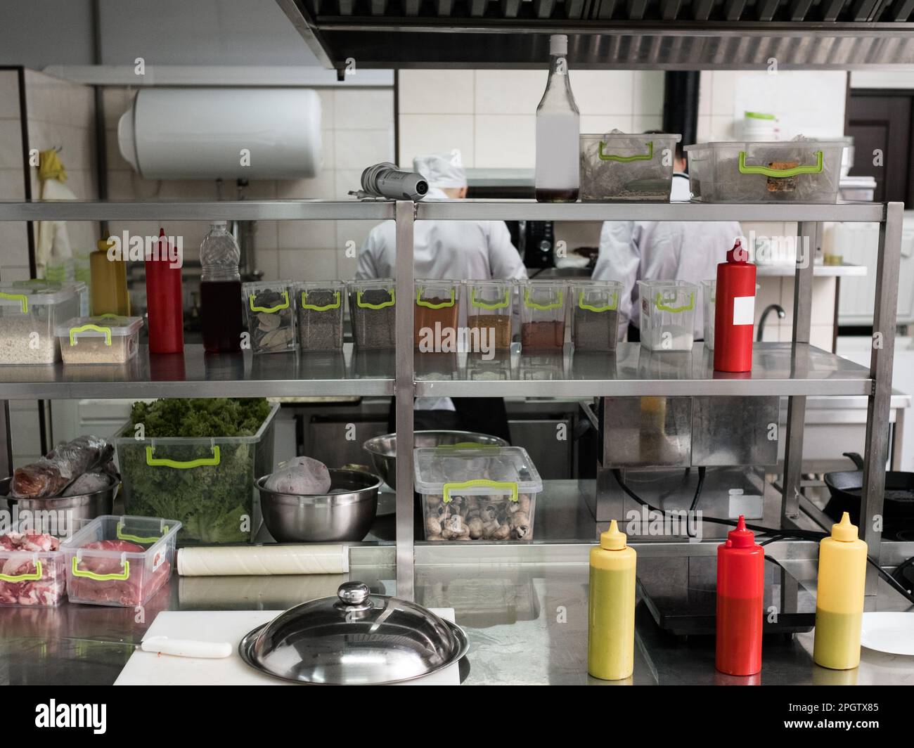 restaurant kitchen interior workspace clean tidy Stock Photo
