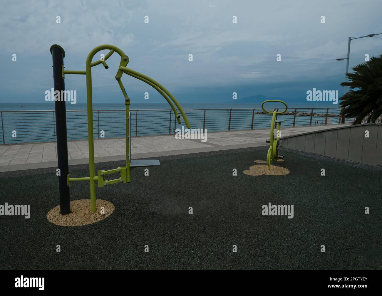 gym open air in the morning on the coastline in Sestri Levante, Liguria, Italy. Active lifestyle Stock Photo