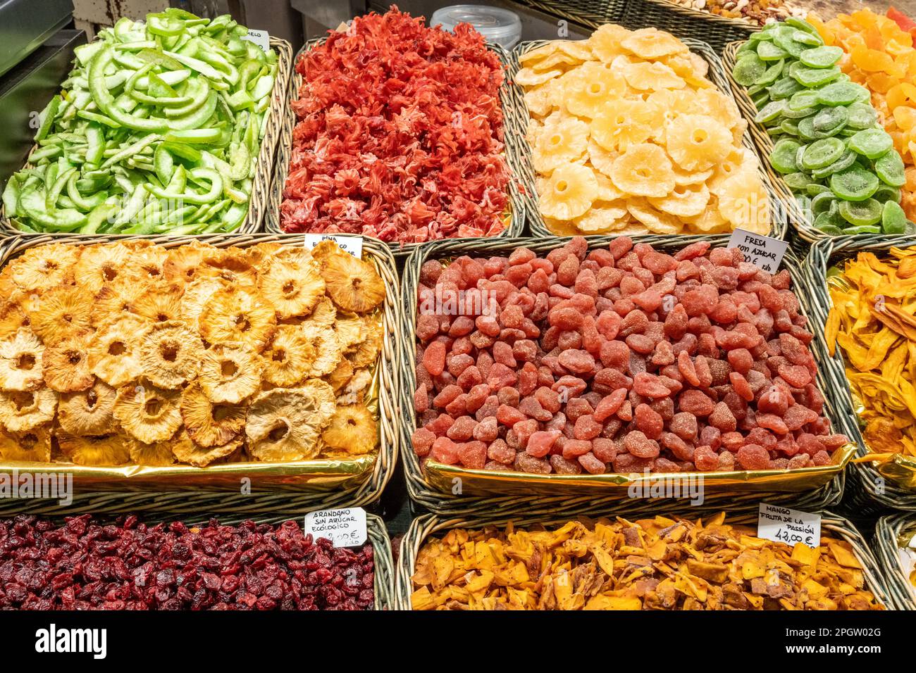 Great choice of dried fruits for sale at the Boqueria market in