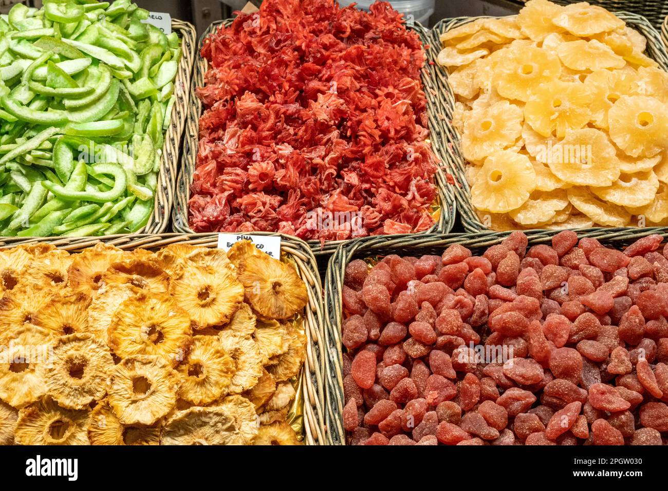 Dried fruits for sale at the Boqueria market in Barcelona Stock Photo
