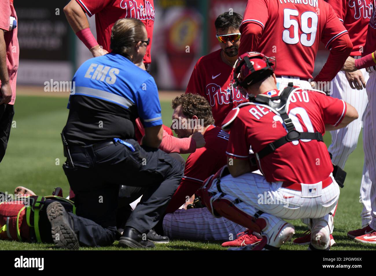 Philadelphia Phillies first baseman Rhys Hoskins after getting injured  against the Detroit Tigers during the second inning of a spring training  baseball game Thursday, March 23, 2023, in Clearwater, Fla. (AP Photo/Chris
