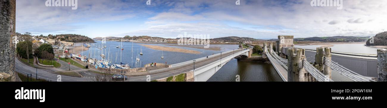 Panoramic view over Conwy estuary on the North Wales coast Stock Photo