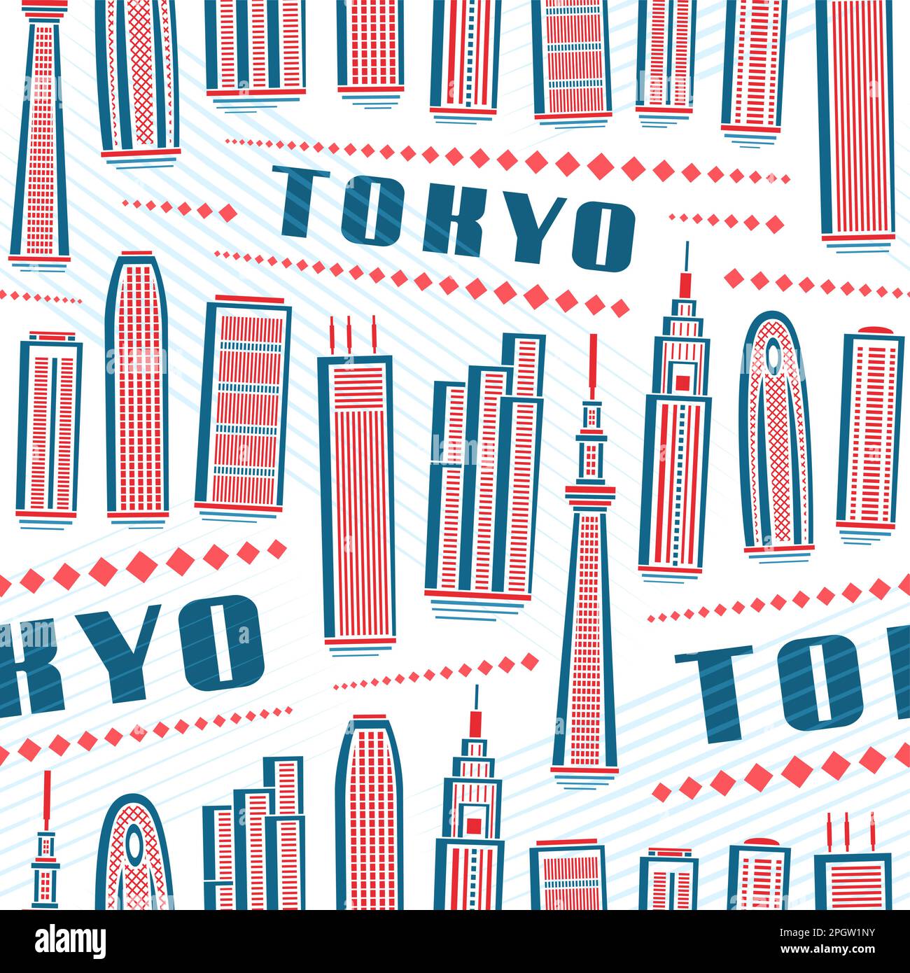 Vector Tokyo Seamless Pattern, square repeating background with illustration of famous tokyo city scape on white background for wrapping paper, decora Stock Vector