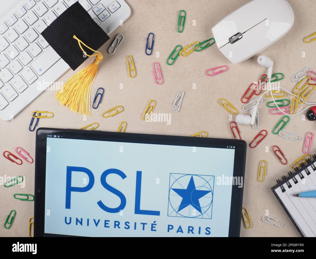 In this photo illustration, a Université PSL  logo seen displayed on a tablet. Stock Photo