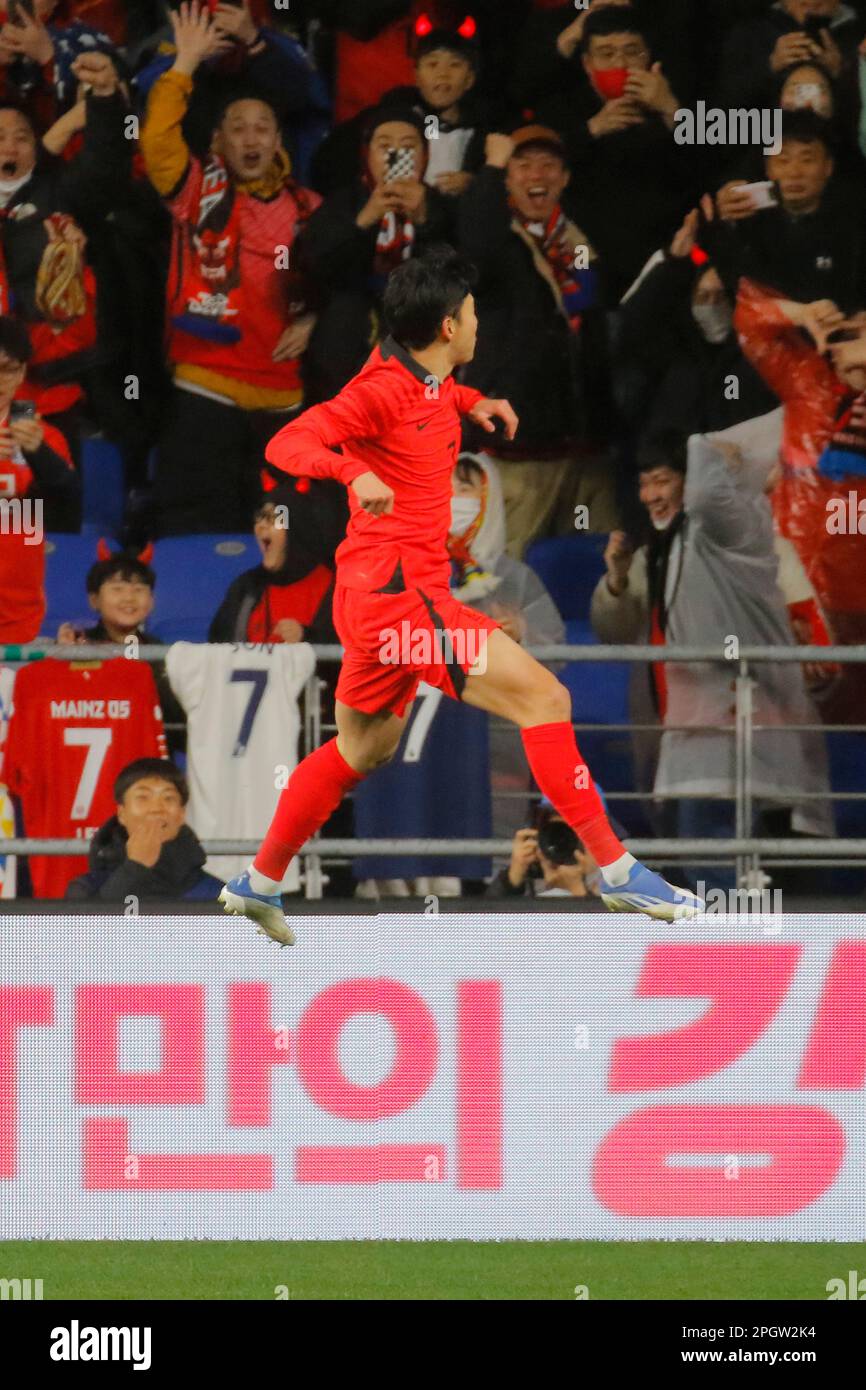 Ulsan, Gyeongnam, South Korea. 24th Mar, 2023. March 24, 2023-Ulsan, South Korea-Heungmin Son of South Korea goal ceremony during an International Friendly Match South Korea vs Colombia match at Munsu Stadium in Ulsan, South Korea. (Credit Image: © Ryu Seung-Il/ZUMA Press Wire) EDITORIAL USAGE ONLY! Not for Commercial USAGE! Stock Photo