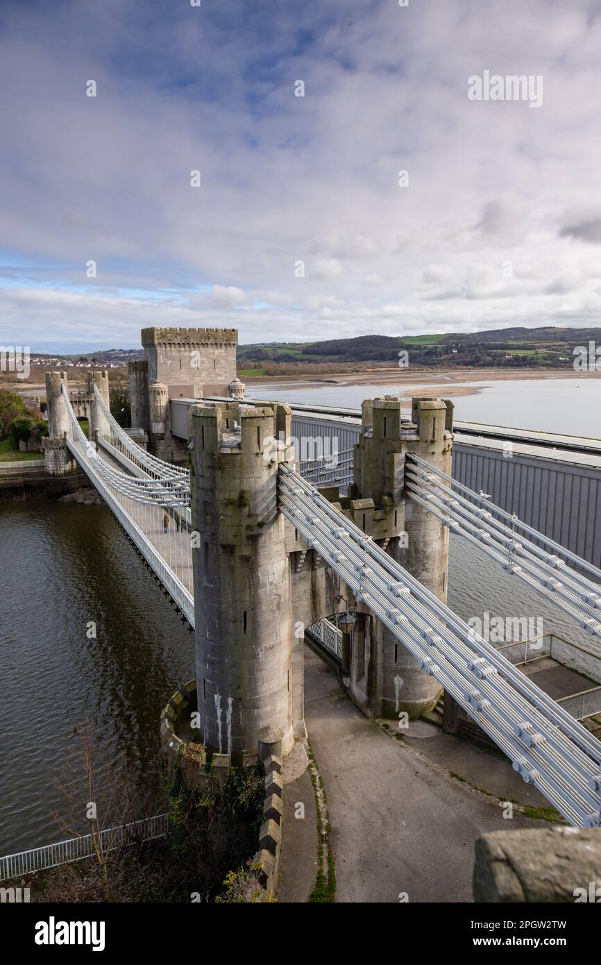 Suspension bridge over the river Conwy, Conway, North Wales coast Stock Photo