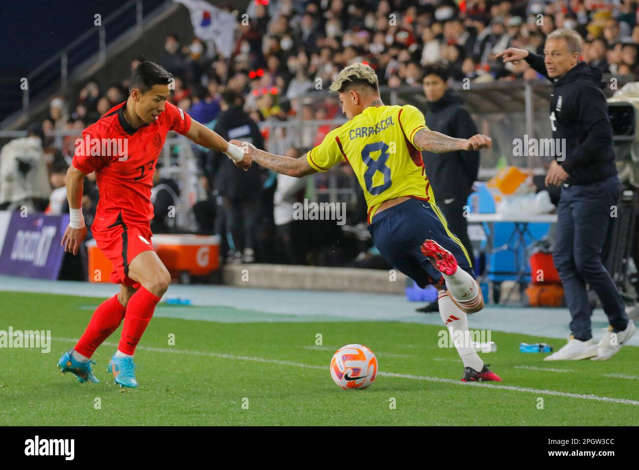 Ulsan, Gyeongnam, South Korea. 24th Mar, 2023. March 24, 2023-Ulsan, South Korea-Taehwan Kim of South Korea and Jorge Andres Carrascal Guardo of Colombia action during an International Friendly Match South Korea vs Colombia match at Munsu Stadium in Ulsan, South Korea. (Credit Image: © Ryu Seung-Il/ZUMA Press Wire) EDITORIAL USAGE ONLY! Not for Commercial USAGE! Stock Photo