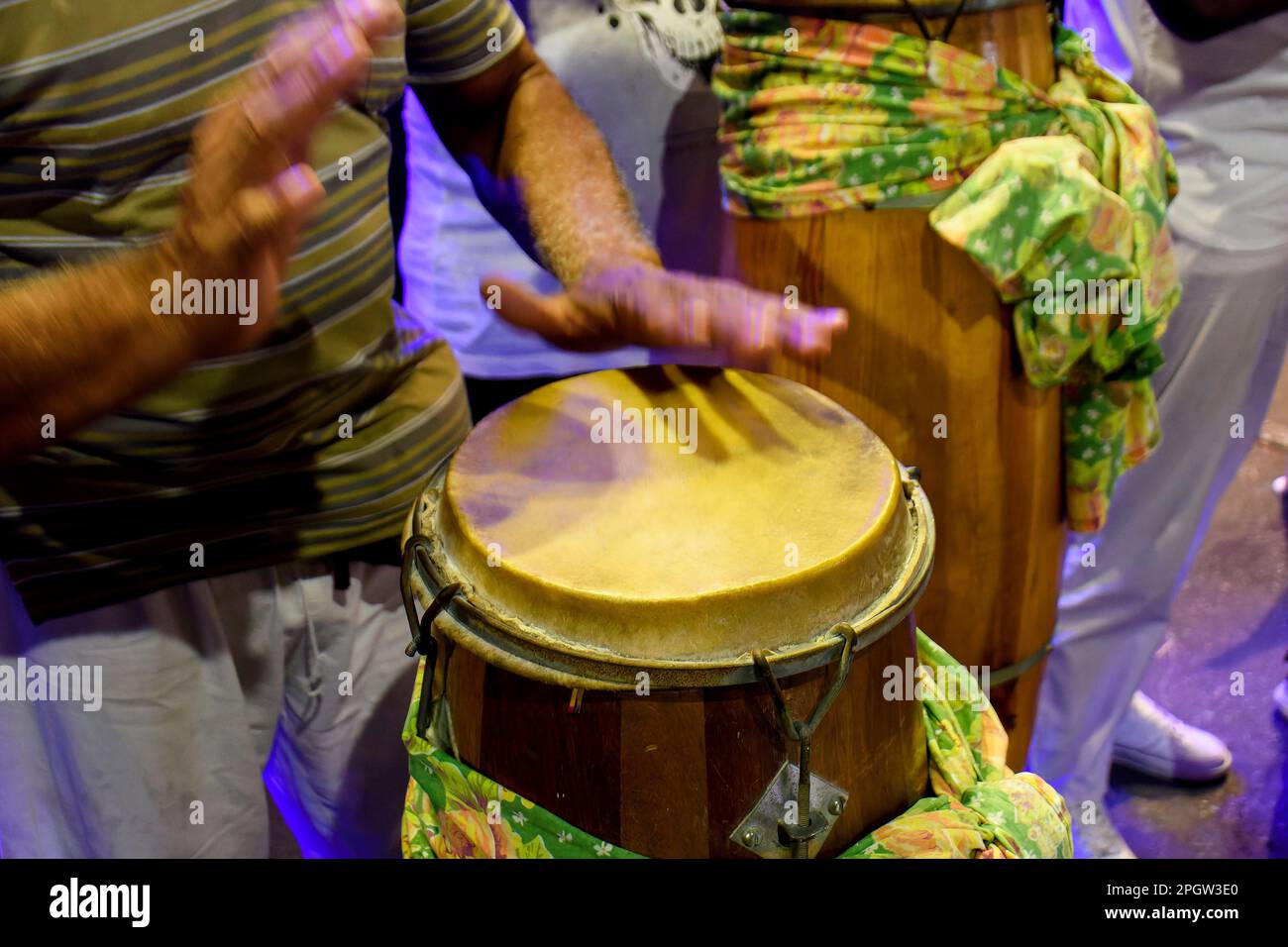 Hand drums called atabaque in Brazil used during a typical Umbanda ceremony, an Afro-Brazilian religion where they are the main instruments Stock Photo