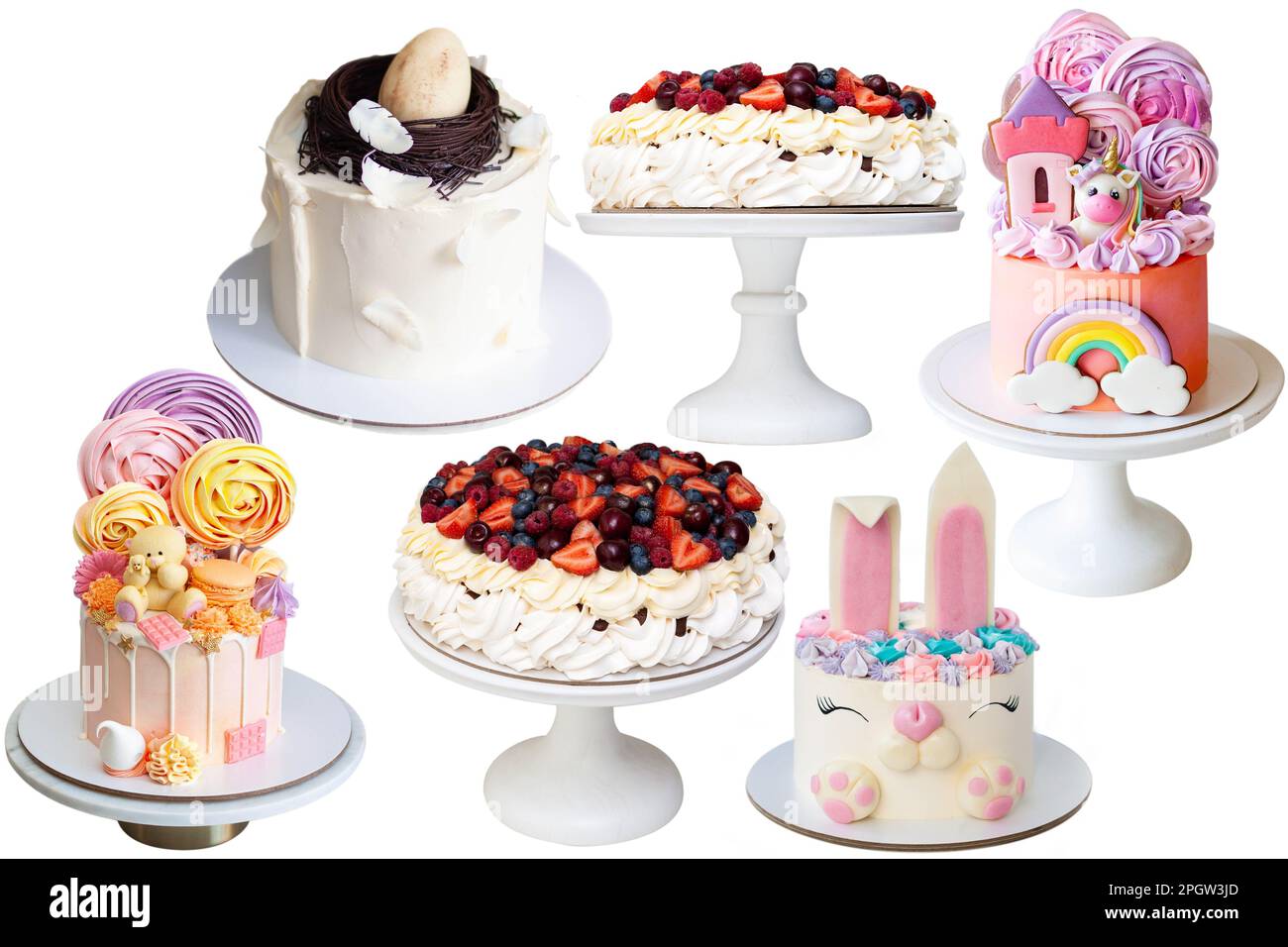 Collection of different birhday colorful cakes isolated on white ...