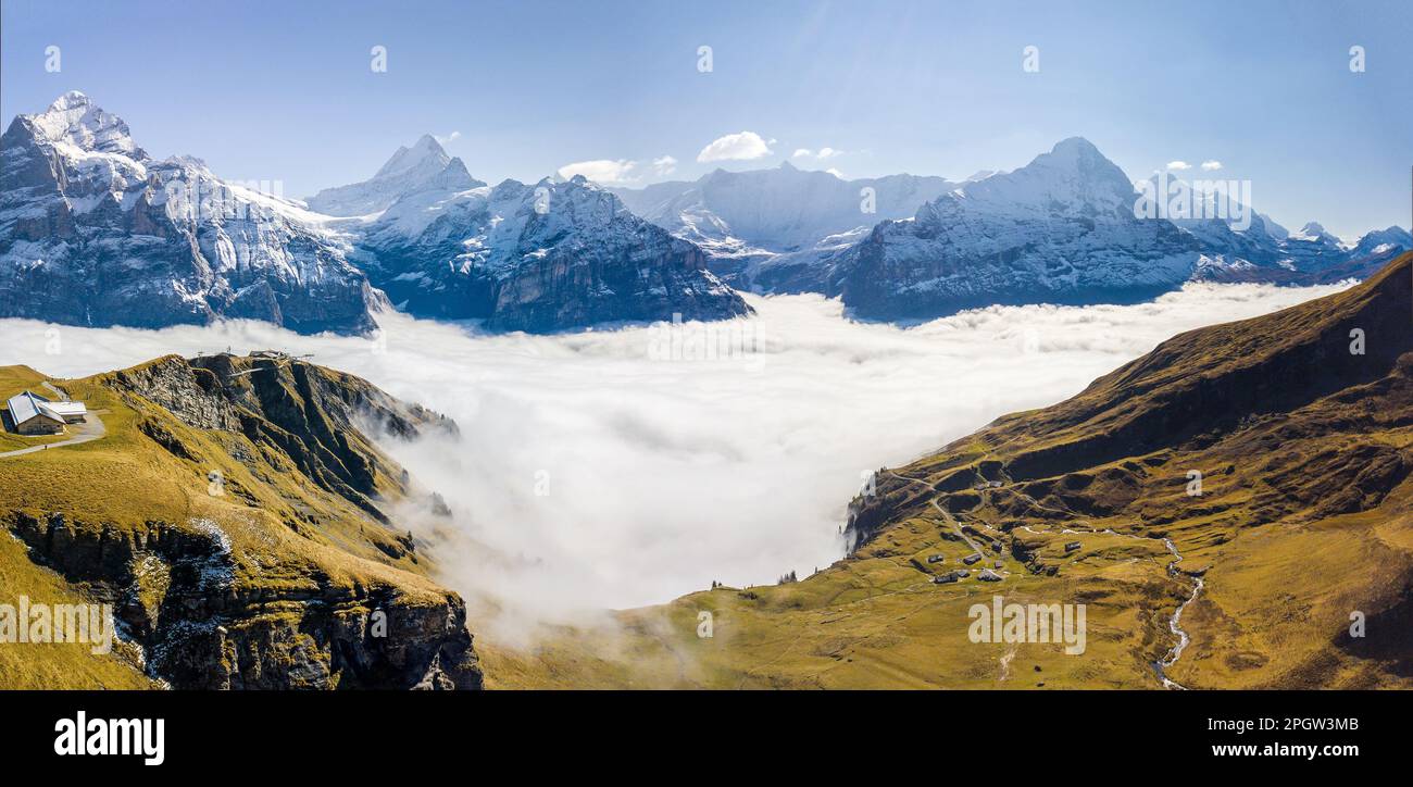 Aerial panorama of the First peak in Grindelwald with the famous Alps ...