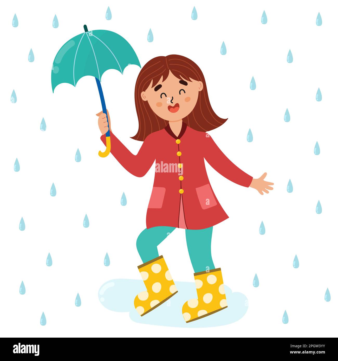 Cute girl enjoying the rain. Kid wearing a raincoat with umbrella. Rainy day vector illustration Stock Vector