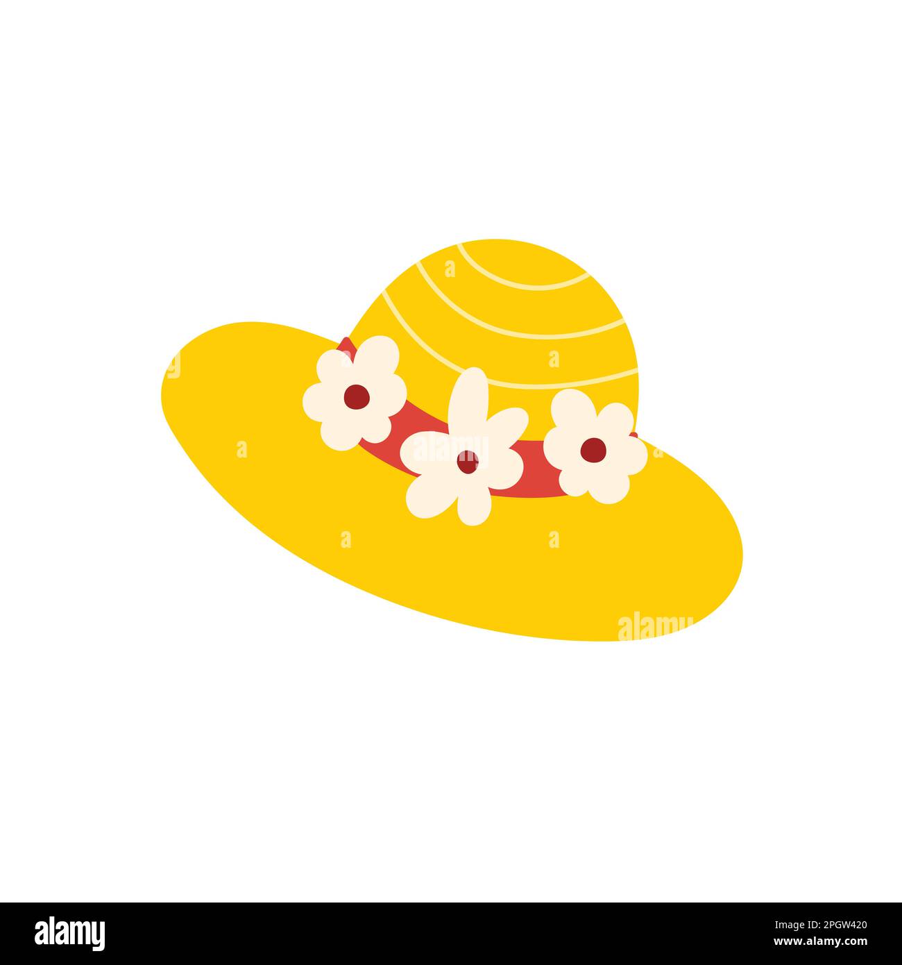 Cute yellow hat. Hand drawn hat with flowers in cartoon style Stock