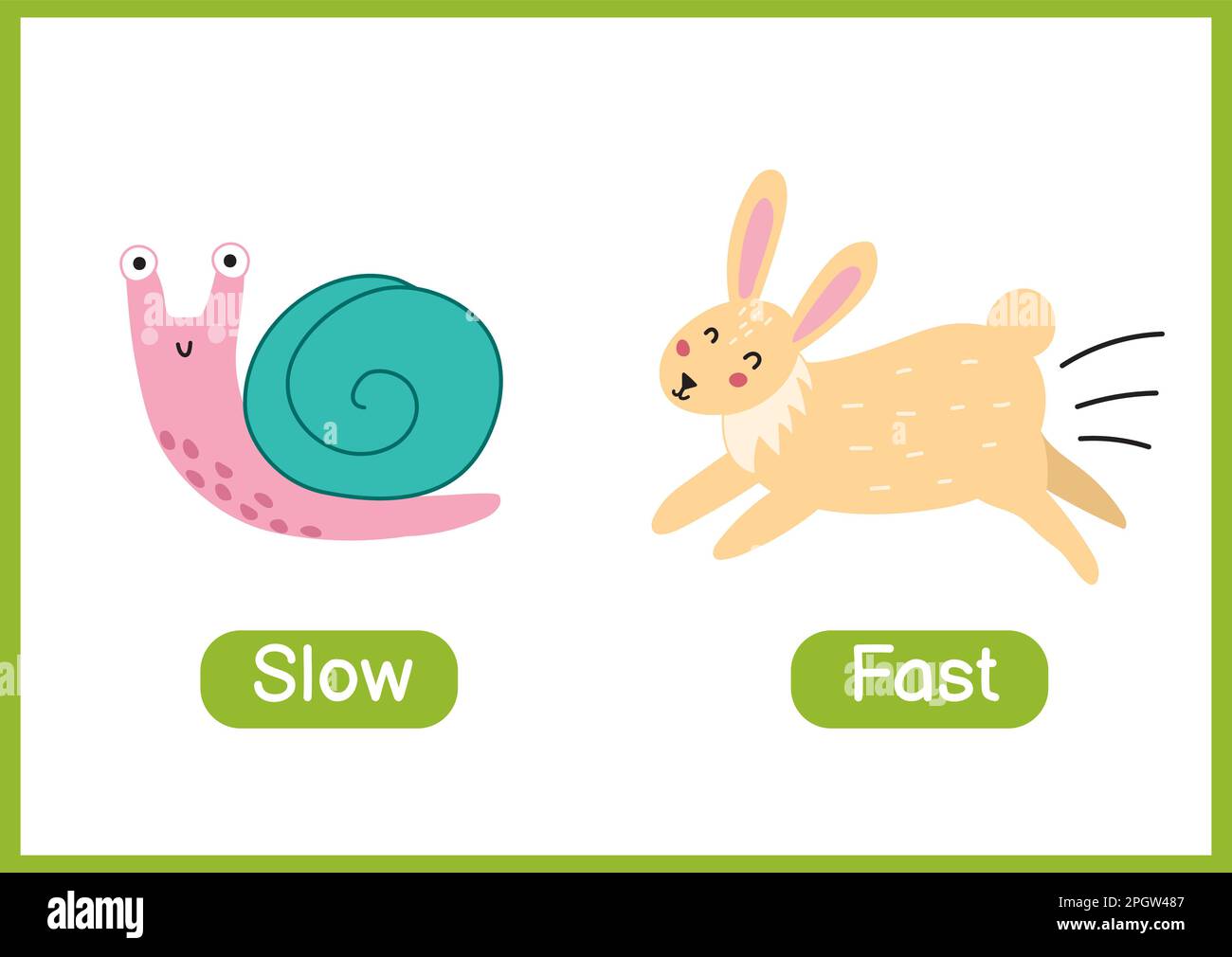 Slow and fast opposite adjectives educational wordcard. Flashcard with