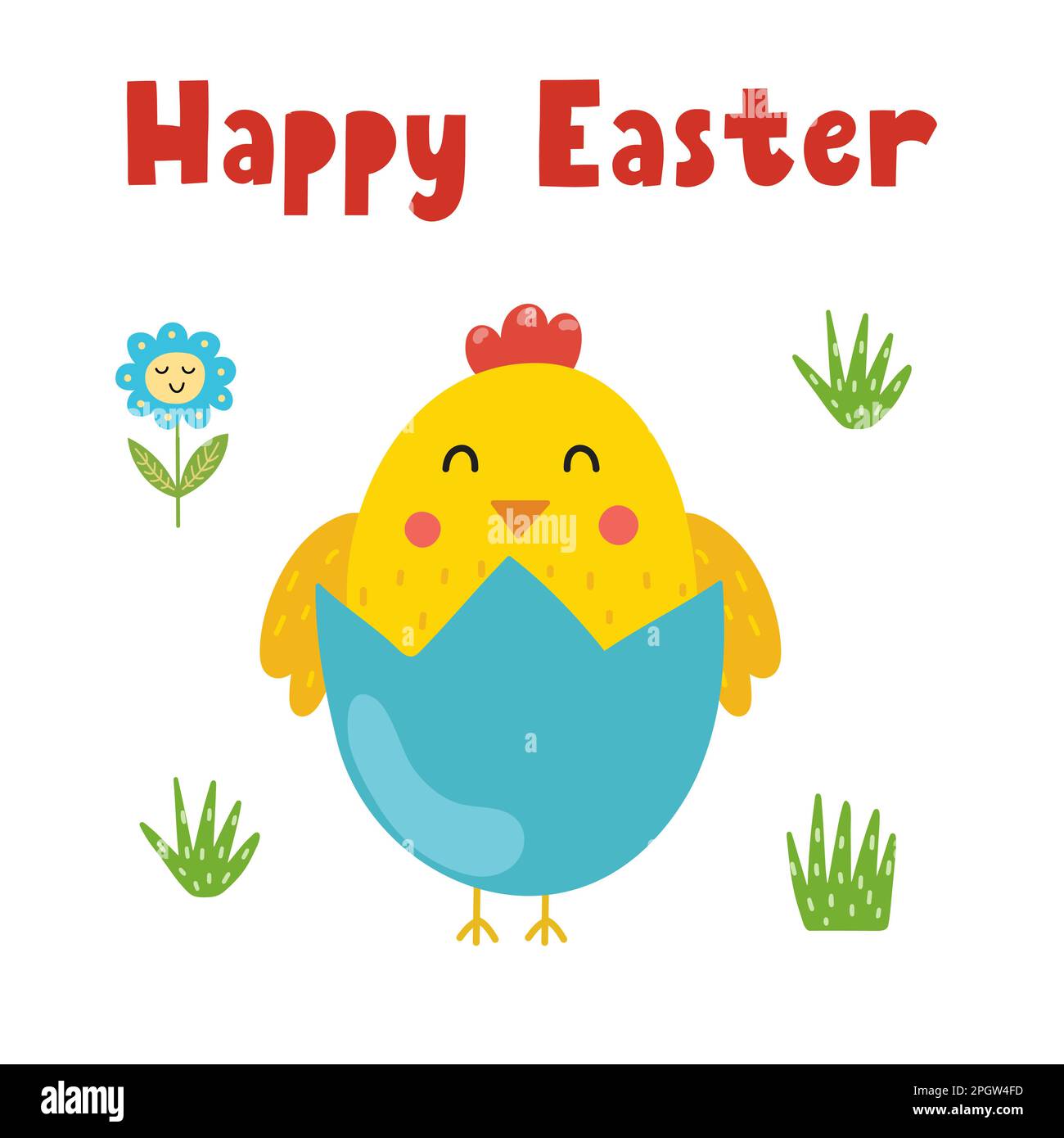 Happy Easter greeting card with a cute chick in eggshell Stock Vector
