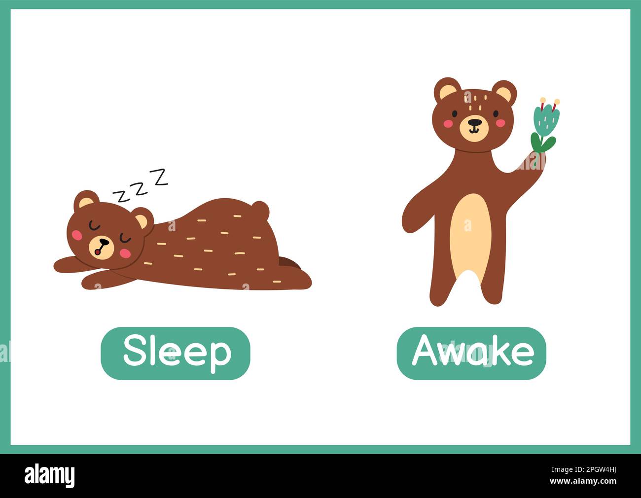 Sleep and awake opposite adjectives educational flashcard Stock Vector
